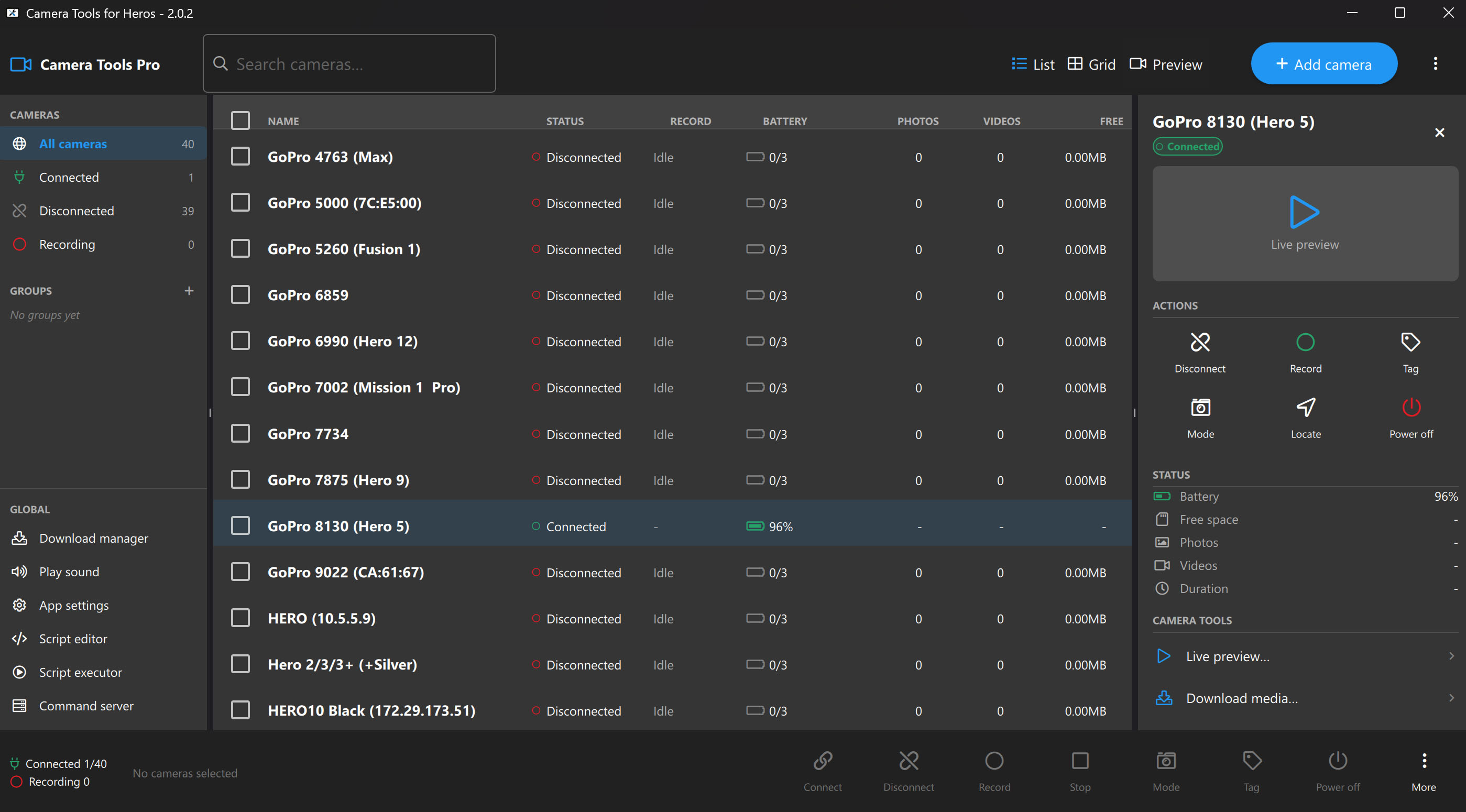 Camera Tools on desktop controlling many GoPro cameras at once — list view with recording status, battery and live preview