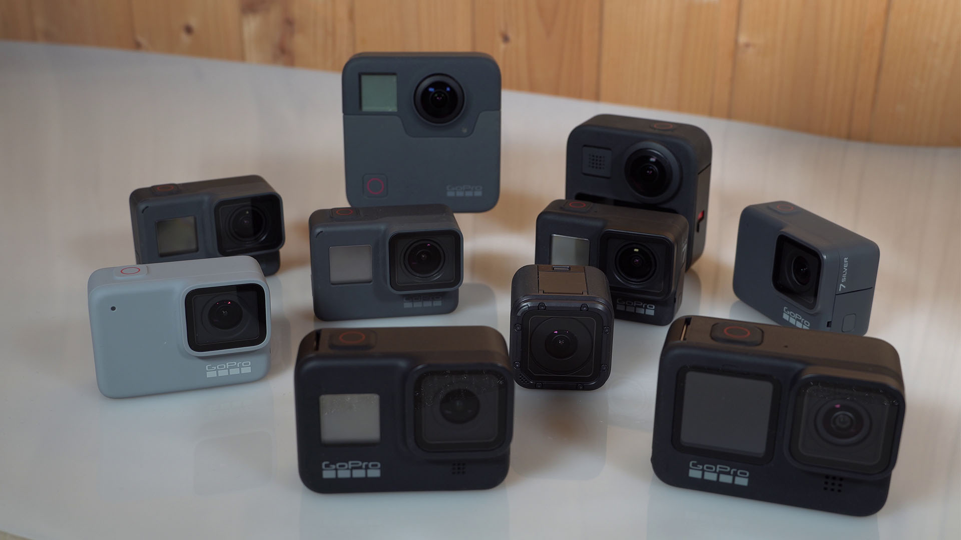 A lineup of supported GoPro cameras — Hero 5 through Hero 9, Session, Fusion and Max