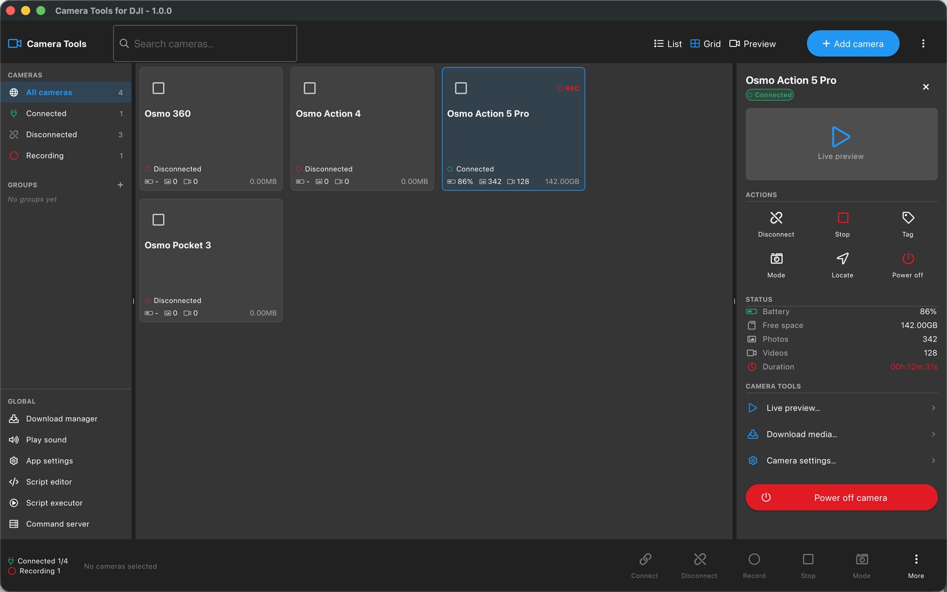 Camera Tools for DJI on desktop — grid of connected DJI Osmo cameras with recording status, battery, photo and video counts and a details panel